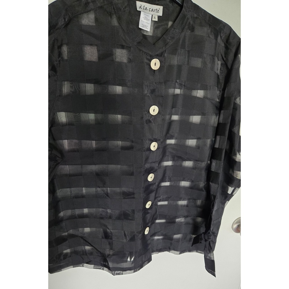A La Carte Womens XL Black Sheer Striped Button Front Tie Cuff Blouse L10253JM - Picture 3 of 10